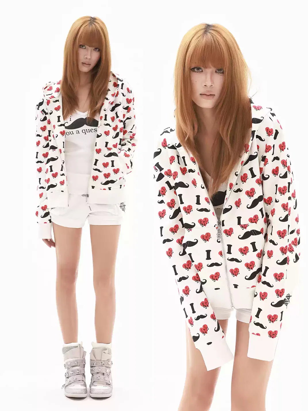 SIZE CHART SCHEMA PROBE B eae000ad | Heart Mustache Print Zip Hoodie