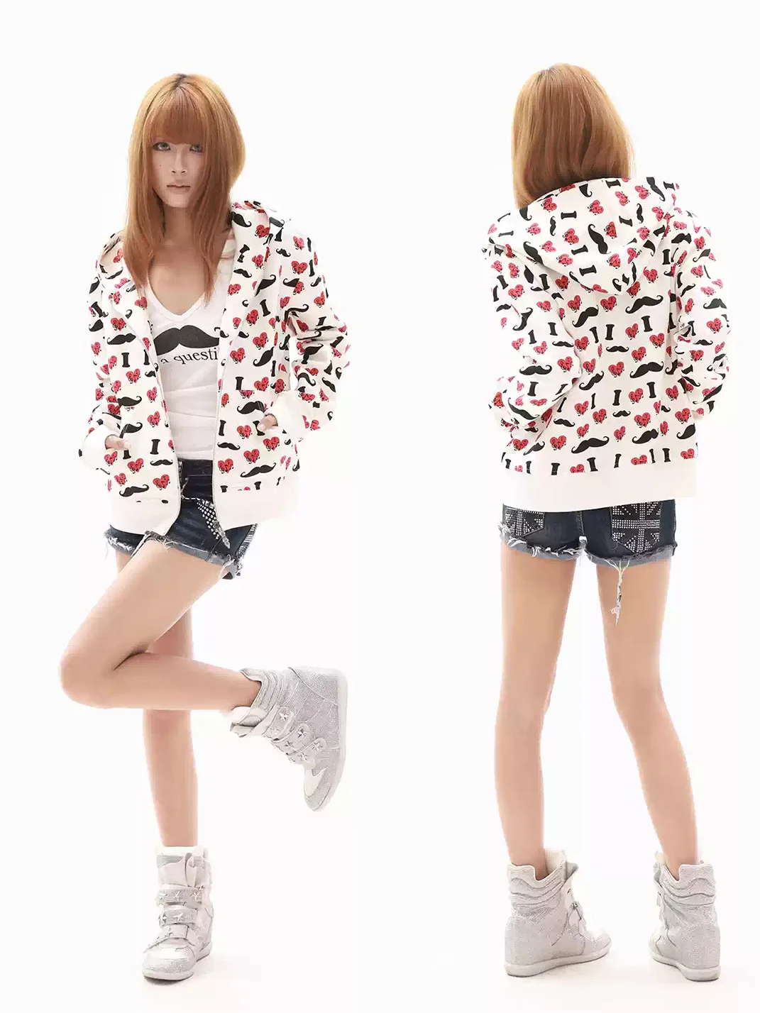 SIZE CHART SCHEMA PROBE B eae000ad | Heart Mustache Print Zip Hoodie