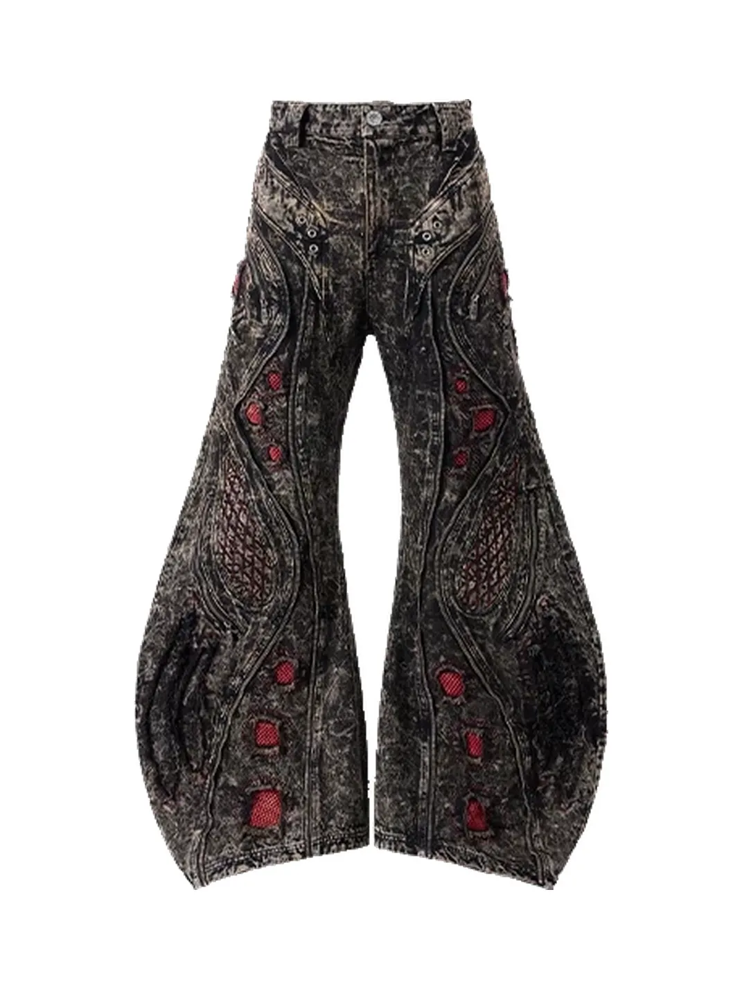 PERSONSOUL | Mottled Uneven Wash Red Black Jeans
