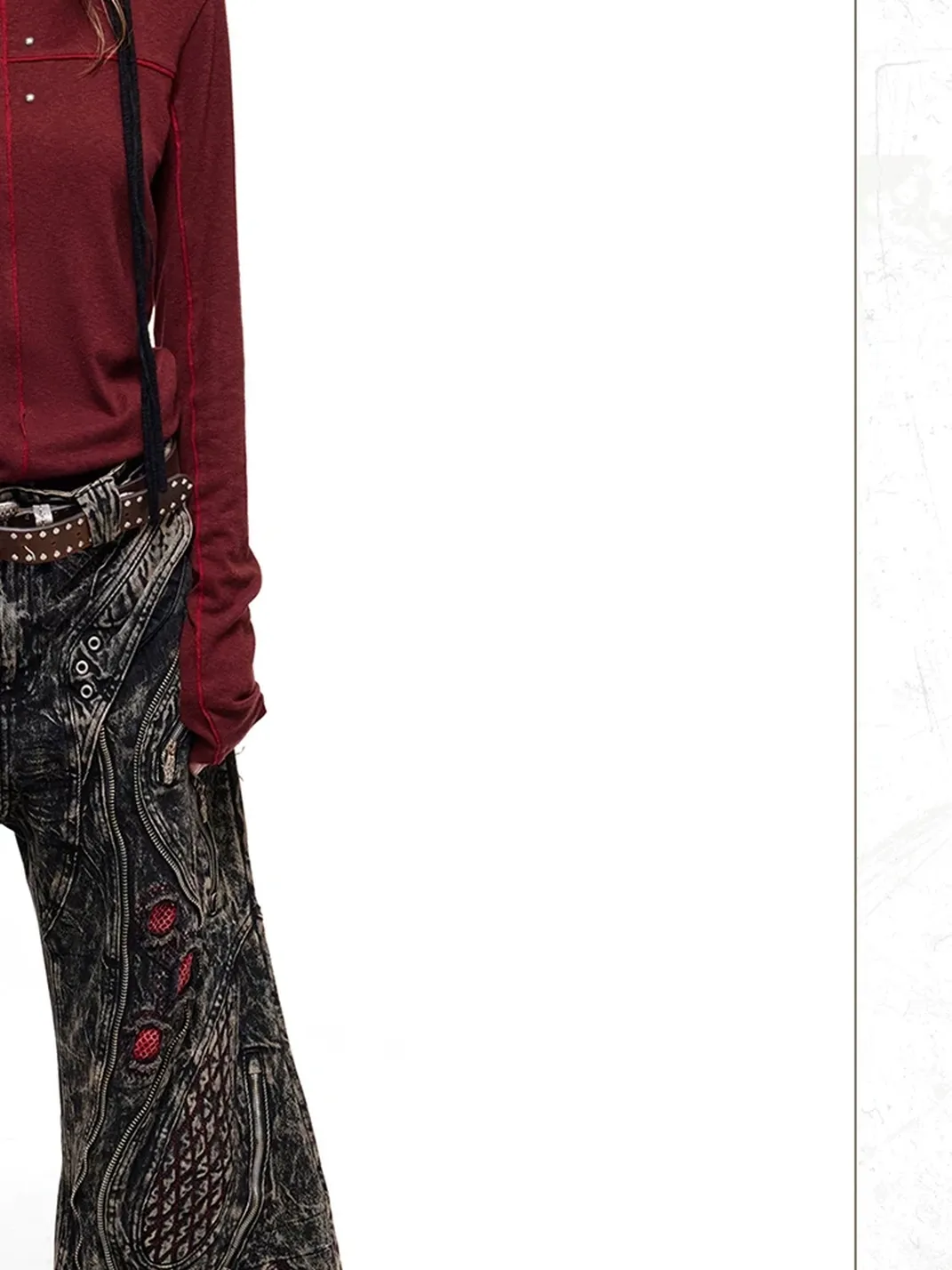 PERSONSOUL | Mottled Uneven Wash Red Black Jeans