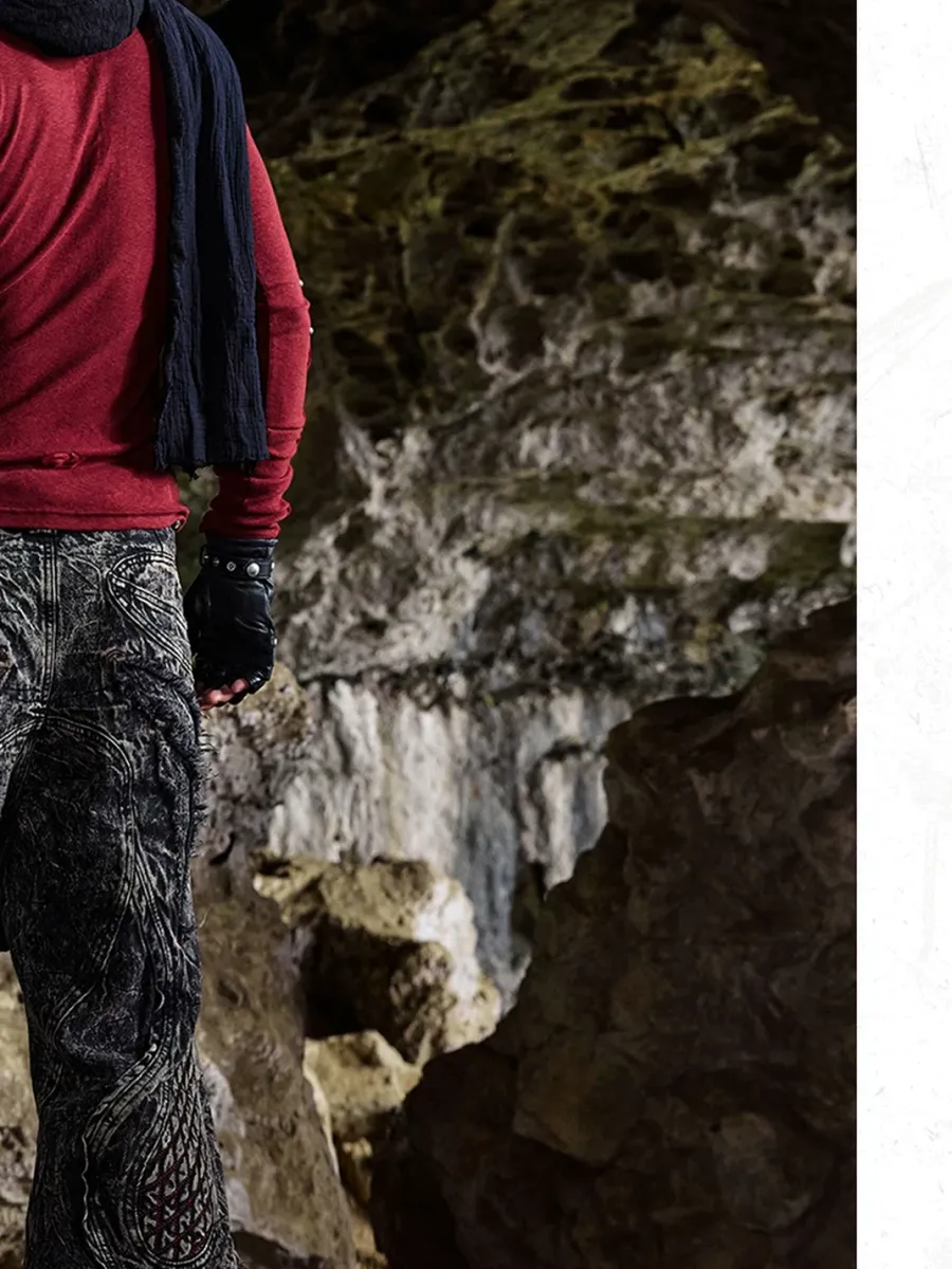 PERSONSOUL | Mottled Uneven Wash Red Black Jeans - 3