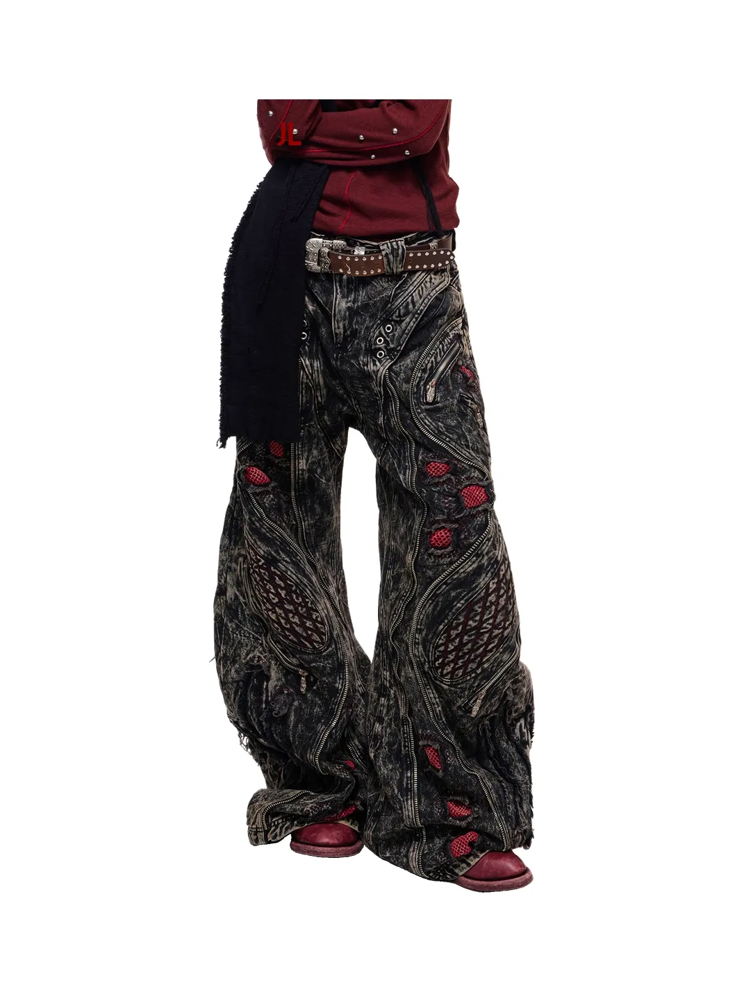 PERSONSOUL | Mottled Uneven Wash Red Black Jeans
