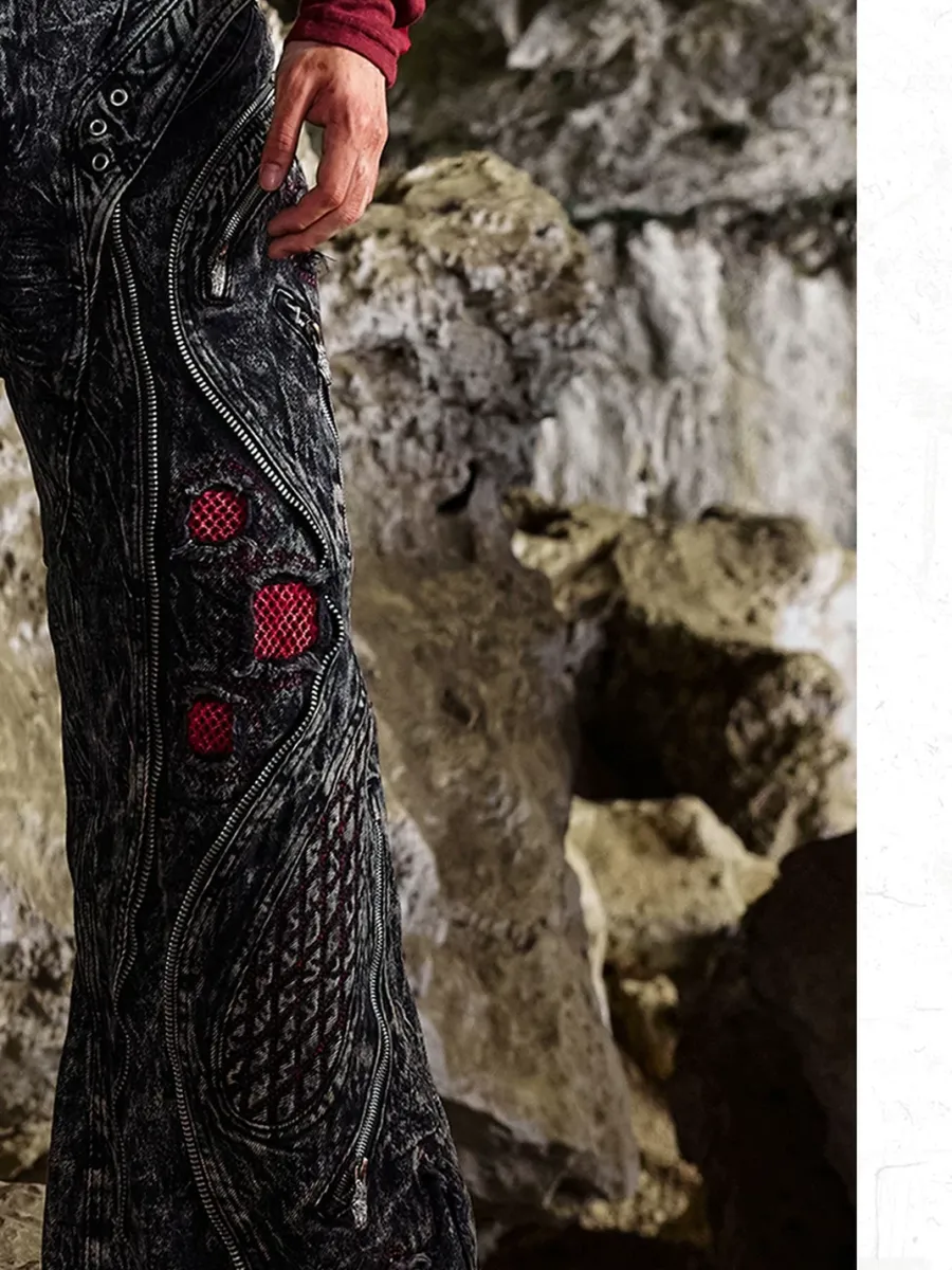 PERSONSOUL | Mottled Uneven Wash Red Black Jeans - 4