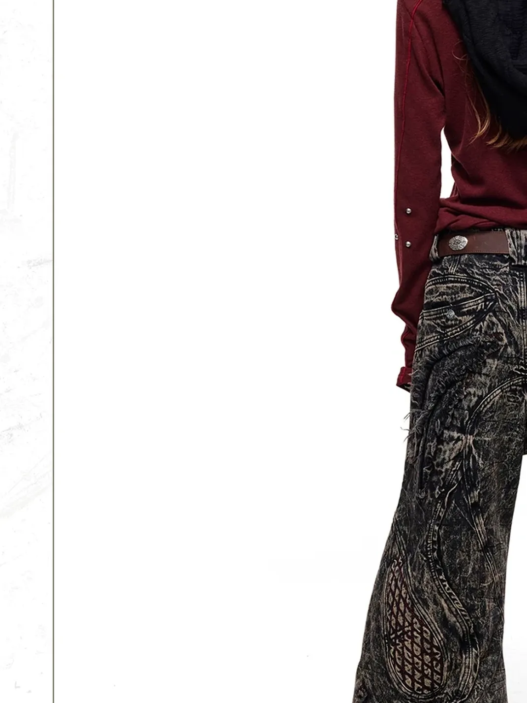 PERSONSOUL | Mottled Uneven Wash Red Black Jeans