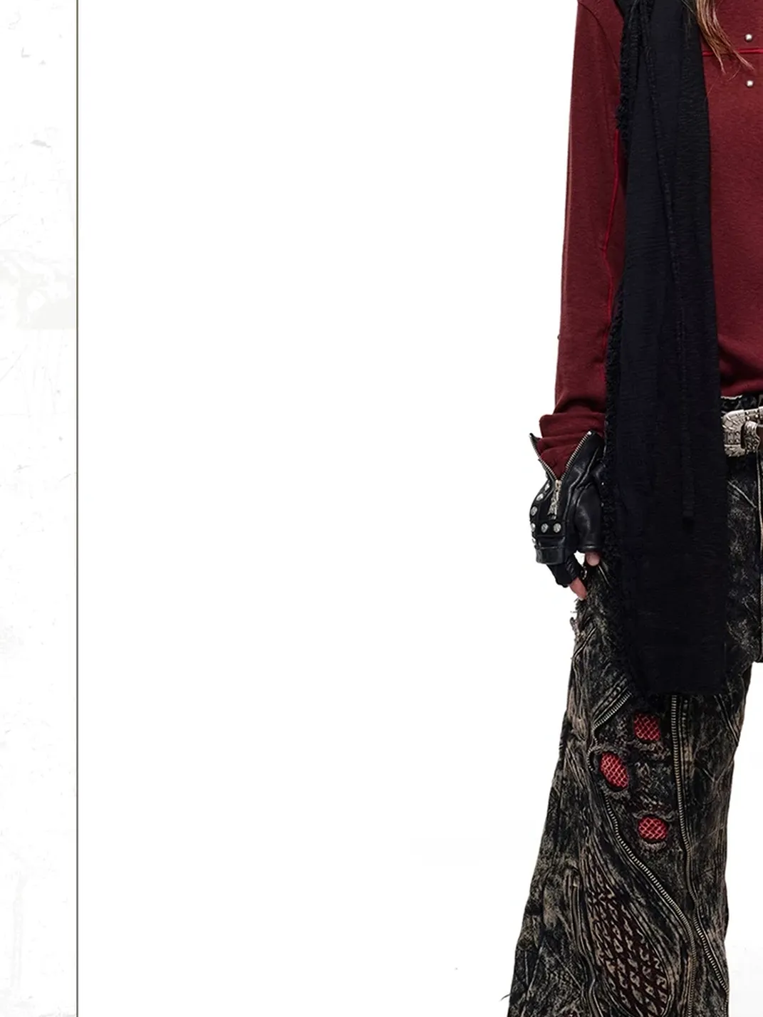 PERSONSOUL | Mottled Uneven Wash Red Black Jeans