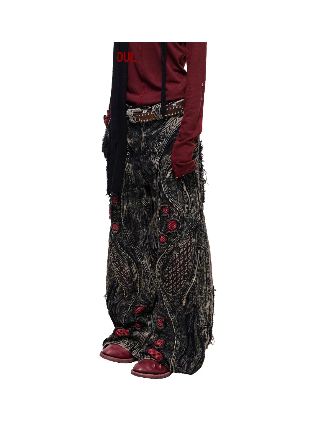 PERSONSOUL | Mottled Uneven Wash Red Black Jeans