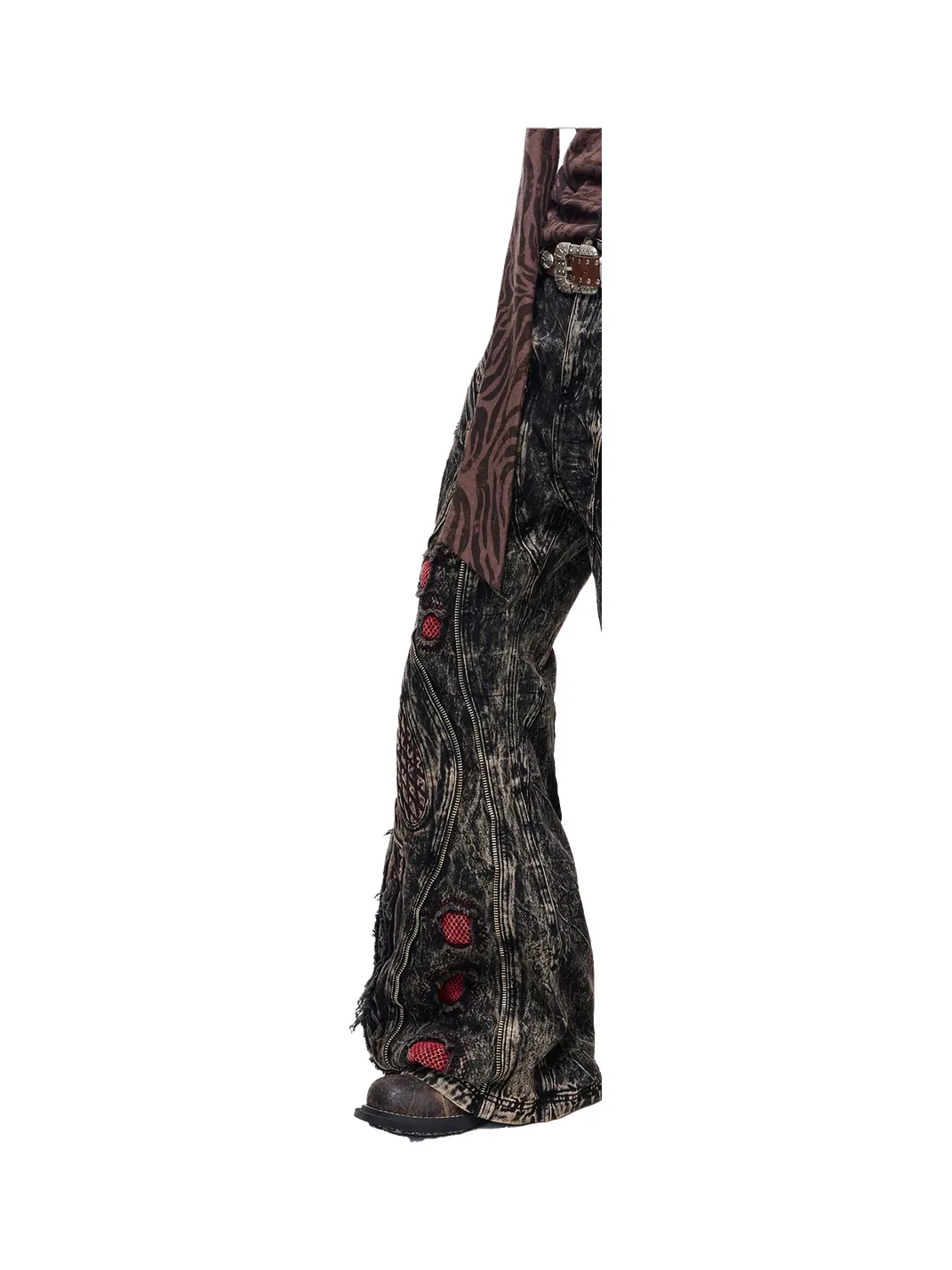 PERSONSOUL | Mottled Uneven Wash Red Black Jeans
