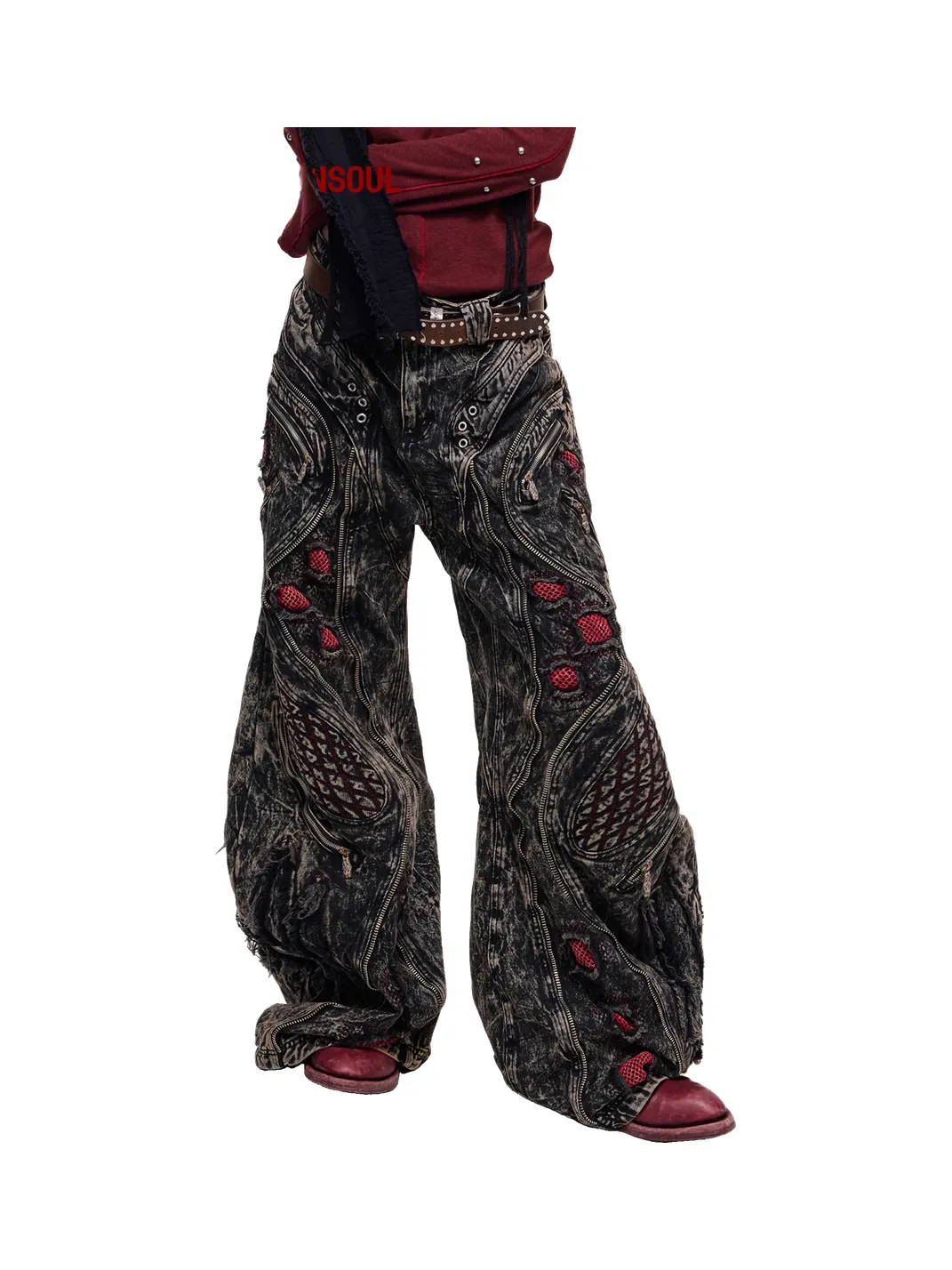 PERSONSOUL | Mottled Uneven Wash Red Black Jeans
