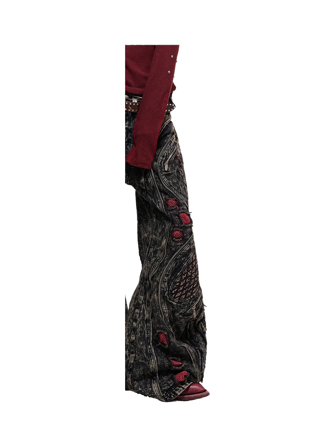 PERSONSOUL | Mottled Uneven Wash Red Black Jeans