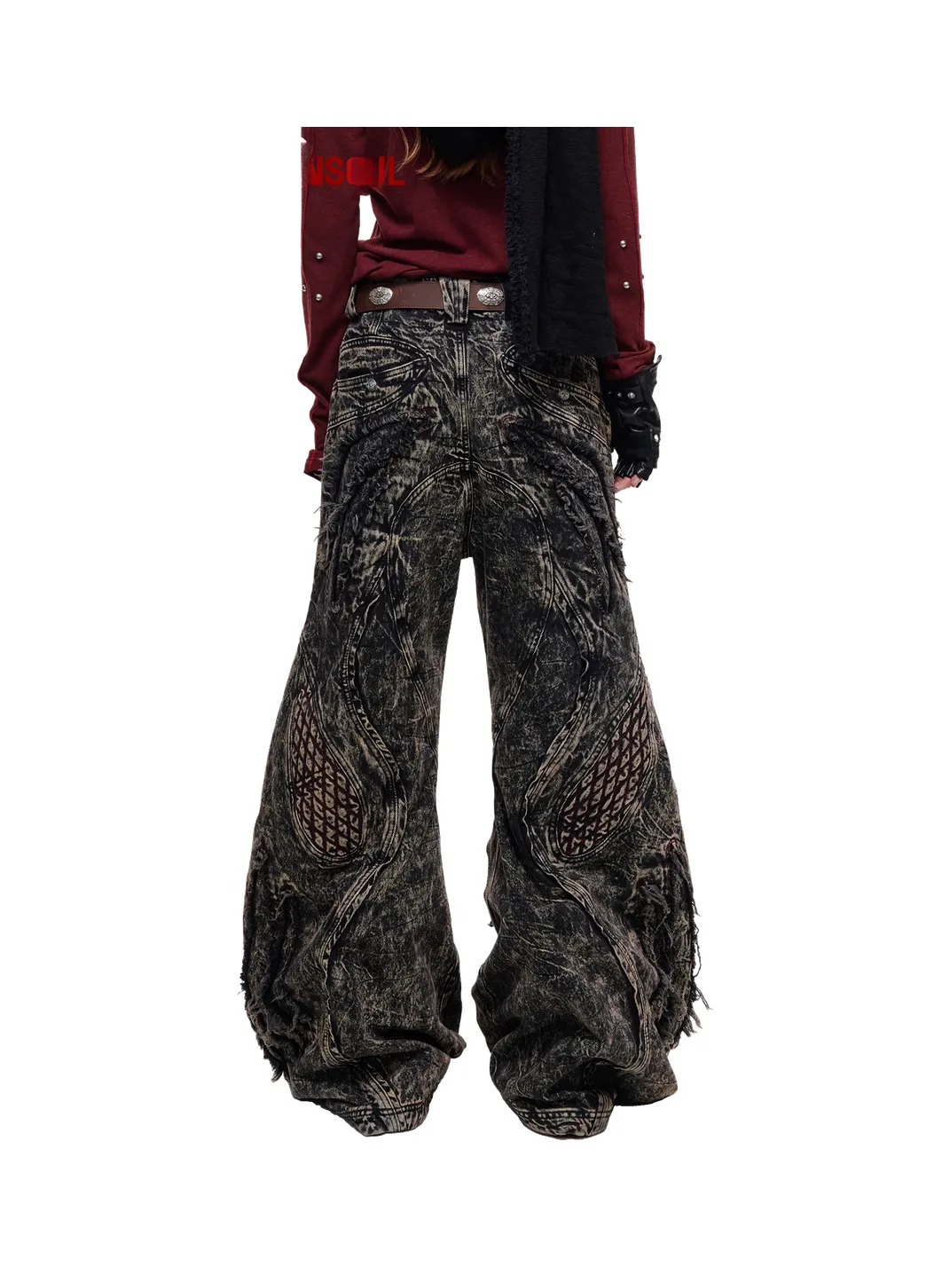 PERSONSOUL | Mottled Uneven Wash Red Black Jeans