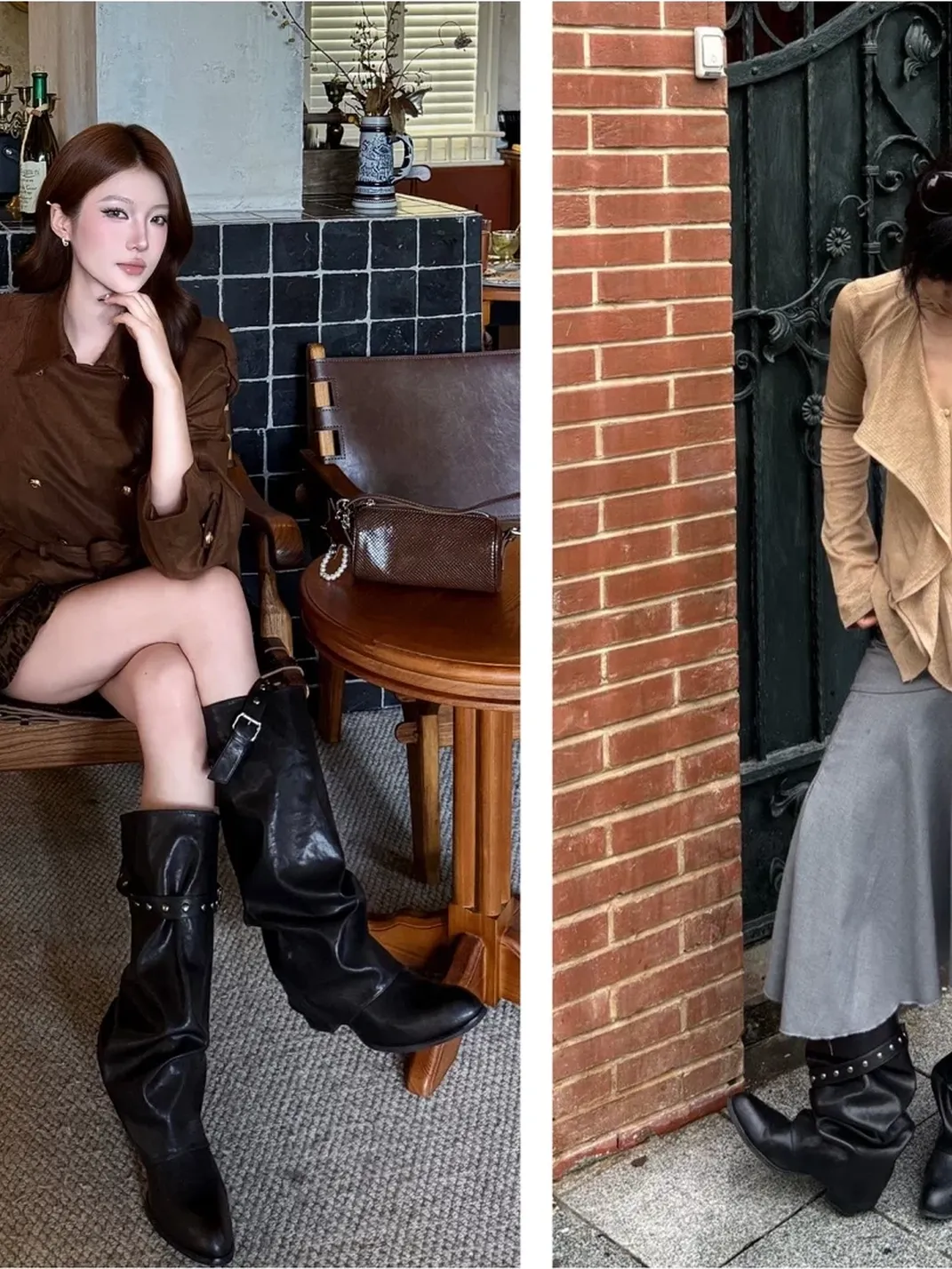 Mooreyu | Pointed Toe Slouchy Black Rivet Boots