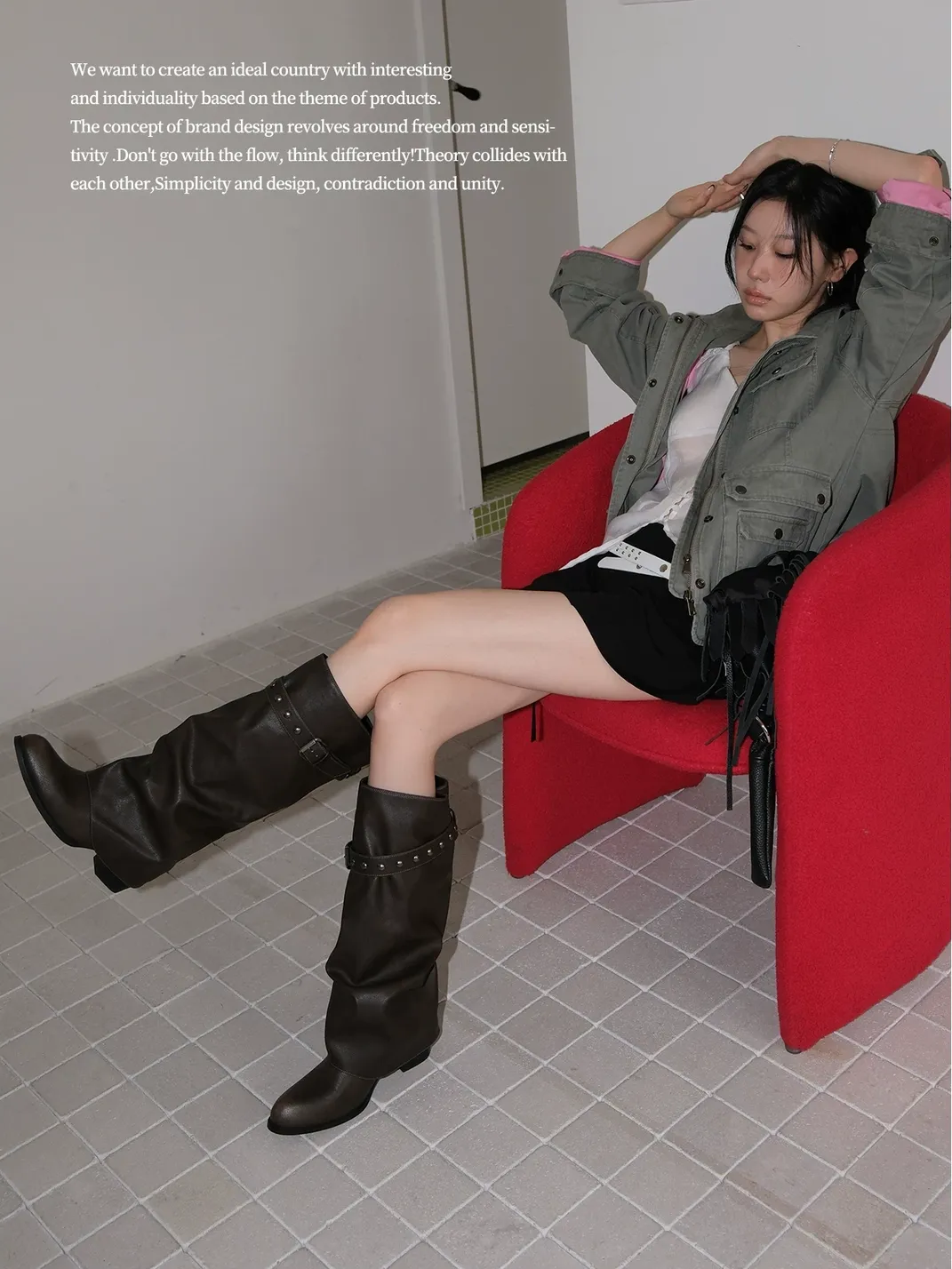 Mooreyu | Pointed Toe Slouchy Black Rivet Boots