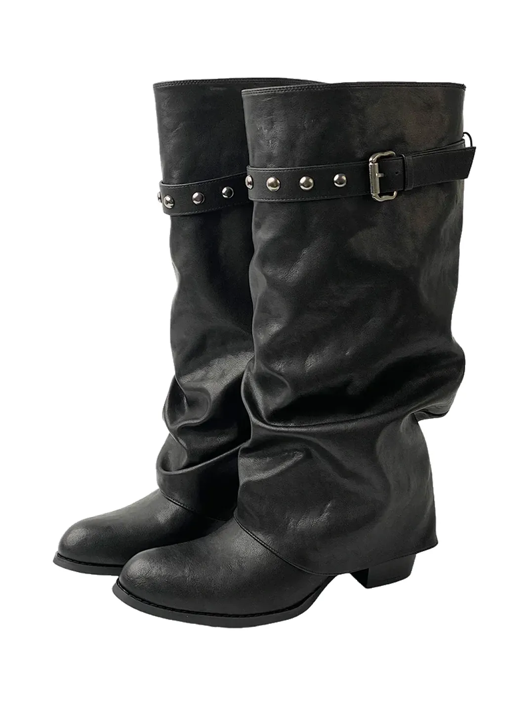 Mooreyu | Pointed Toe Slouchy Black Rivet Boots
