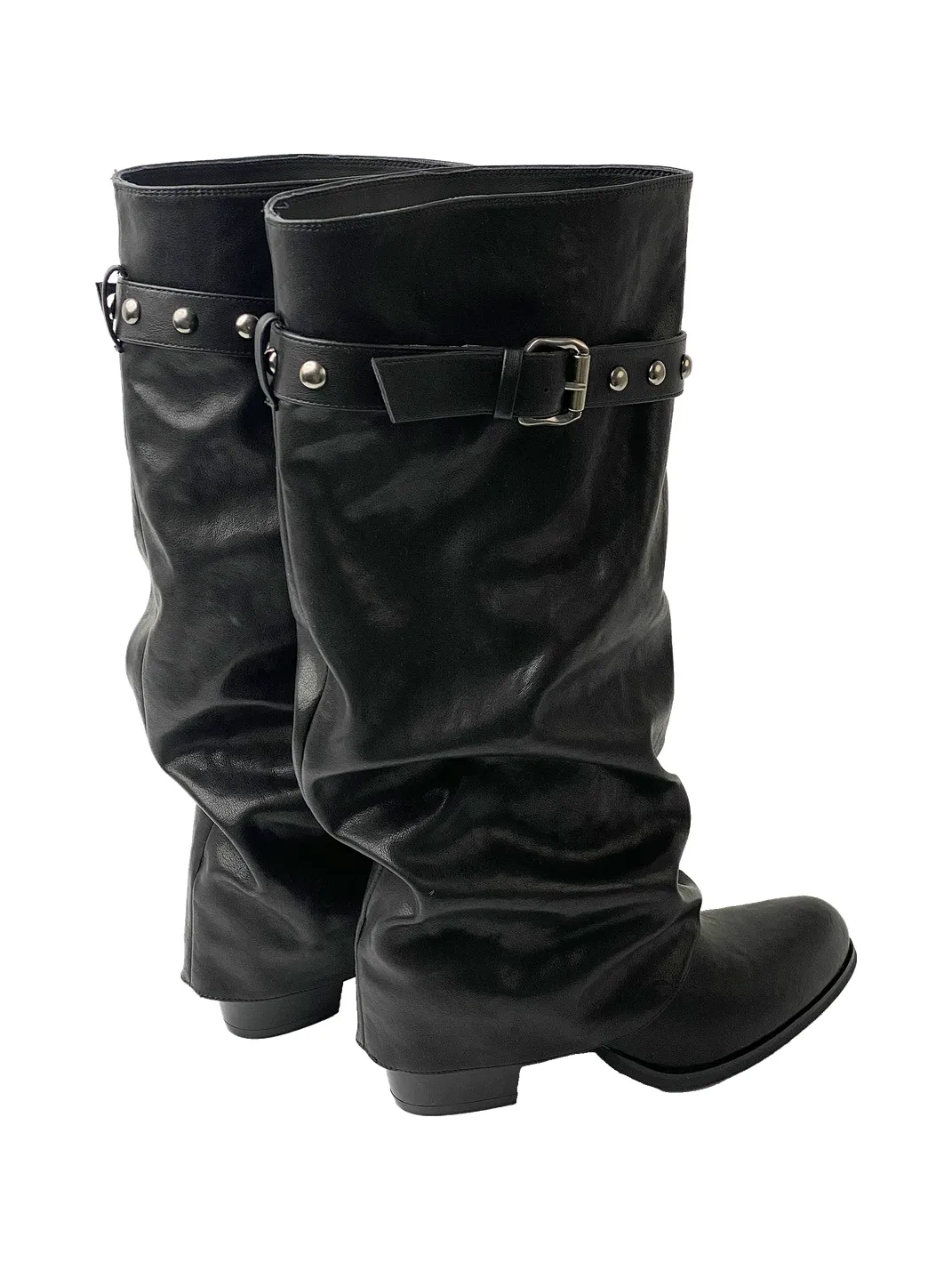 Mooreyu | Pointed Toe Slouchy Black Rivet Boots